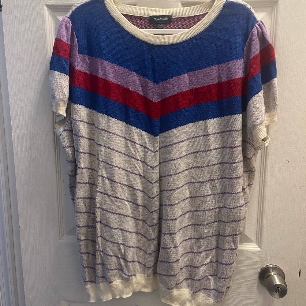 Modcloth Chevron Striped Knit Capped Sleeve Top with Blue Red and Purple